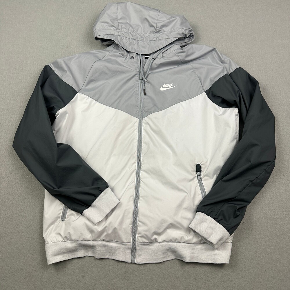 Nike Jacket Men Medium White Gray Windrunner Zip Hood Track Windbreaker M *